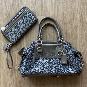 Coach Metallic Gray Leopard Print Satchel Set